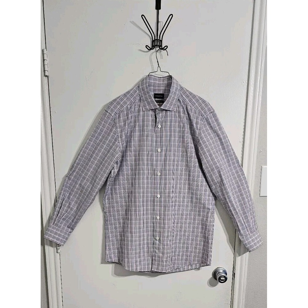 Ermenegildo Zegna Centoquaranta Twill Mens Button Down Shirt Medium Blue Plaid